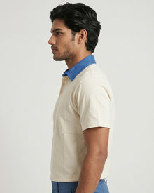Cream Blue Organic Cotton Contrast Polo