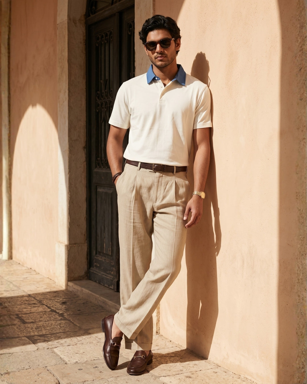 Cream Blue Organic Cotton Contrast Polo